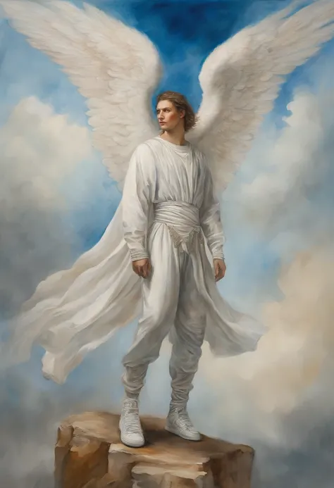 22 years old angel guy with beautiful wings ,dressed with futuristic clothes by balenciaga supreme nike adidas, clouds background, art by Velazquez