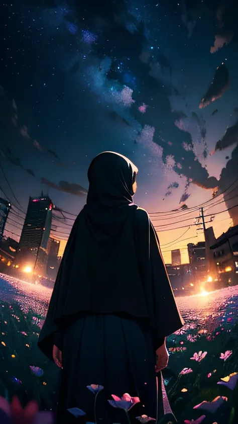 View from below with a view of the sky and street below, muslim girl standing in a field of flowers looking up, Sparkling lighting, Atmospheric Illumination, detailed hijab, million of stars