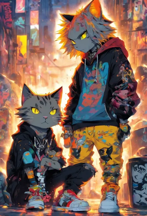 2 cool and trendy cats talking to each other, white hair, yellow eyes, wearing trendy hip hop clothing, wearing a hoodie, graphic t-shirt and torn jeans, tons of tattoos and piercings, graffiti style background, highly detailed background, perfect masterpi...