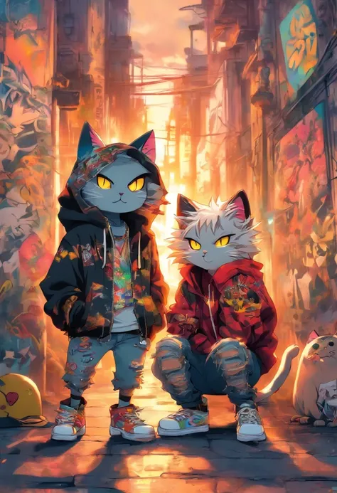 2 cool and trendy cats talking to each other, white hair, yellow eyes, wearing trendy hip hop clothing, wearing a hoodie, graphic t-shirt and torn jeans, tons of tattoos and piercings, graffiti style background, highly detailed background, perfect masterpi...