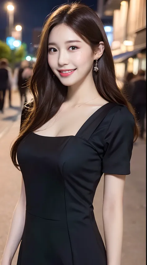 ((best quality, 8k, masterpiece :1.3)), 1girl, smiling, full body, slim face, pretty woman, (dark brown hair), full length dress...