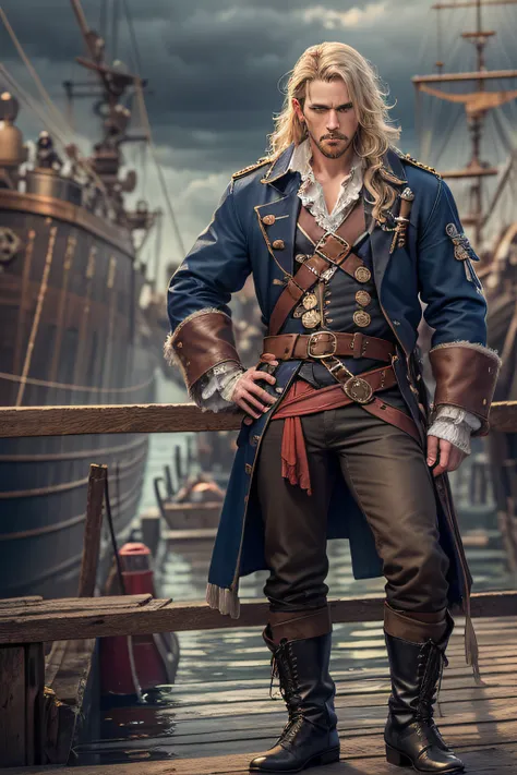 medieval times (a pirate:1.2) Wears a navy coat、obi strip、Strap、Blonde in pants standing on the dock (A bunch of sailors:1.1) Leather and fur Cold weather in winter Work Beautiful cloudy sky Bright morning light (mist:1.1)，Complicated details，hdr，The is ve...