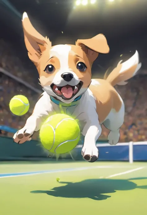 A Jack Russell Terrier chasing a tennis ball