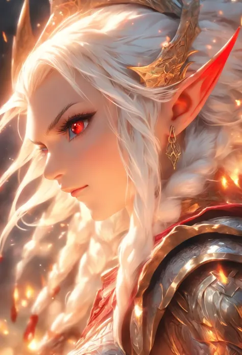 The most beautiful and sexy elf warrior princess, white hair, red eyes, wearing incredibly detailed battle armor, tons of tattoos and piercings, in the most beautiful enchanted kingdom, highly detailed background, perfect masterpiece, high quality, high re...