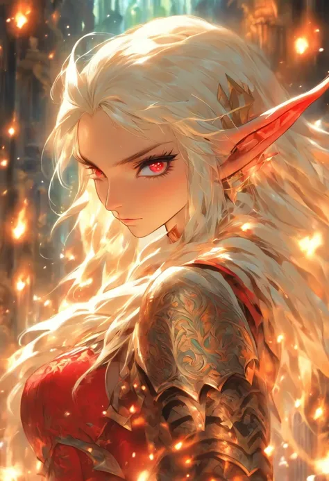 The most beautiful and sexy elf warrior princess, white hair, red eyes, wearing incredibly detailed battle armor, tons of tattoos and piercings, in the most beautiful enchanted kingdom, highly detailed background, perfect masterpiece, high quality, high re...