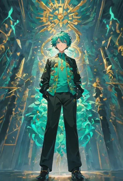 Cool Chinese male modern outfit design with black long pant with Chinese ornaments.Used by tall men with Aqua colored hair.The shirt has a beautiful abstract design and looks classic but modern at the same time