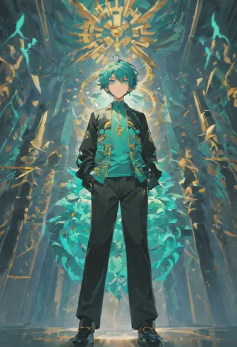 Cool Chinese male modern outfit design with black long pant with Chinese ornaments.Used by tall men with Aqua colored hair.The shirt has a beautiful abstract design and looks classic but modern at the same time