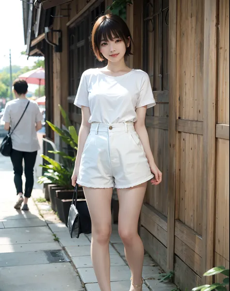 Woman posing on street corner in white t-shirt、top-quality、Girl 1ten mens、large full breasts、tag、with light glowing、blur backgroun、bokeh dof、outside of house、(Street:0.8)、(The human々、Large crowds:1)、（（Whole human body：1.3））、White color clothes、a gorgeous(s...