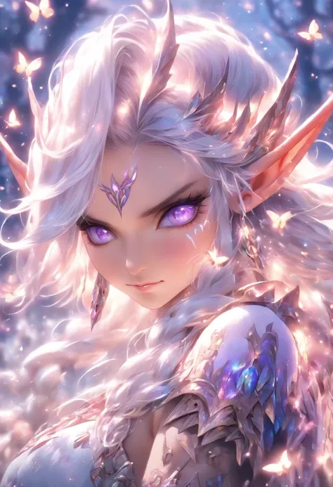 The most beautiful and sexy elf warrior princess, white hair, purple eyes, wearing incredibly detailed battle armor, tons of tattoos and piercings, in the most beautiful enchanted kingdom, flower pedals and butterflies blowing in the wind, highly detailed ...