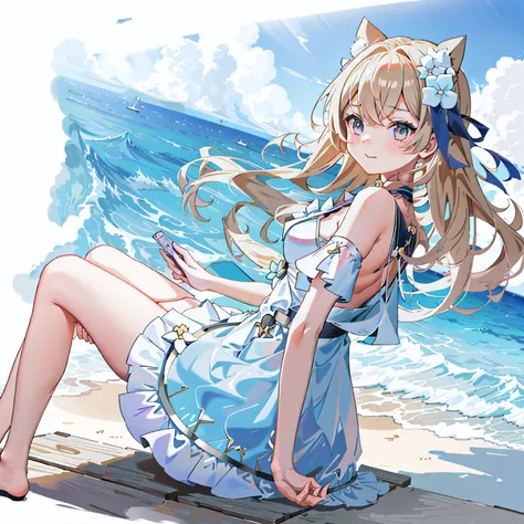 anime girl sitting on beach holding cell phone, loli in dress, cute anime waifu in a nice dress, very beautiful anime cat girl, ...