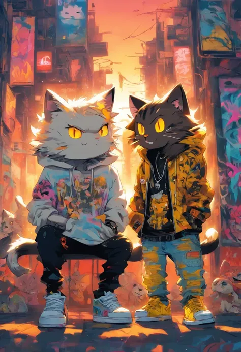 2 cool and trendy cats talking to each other, white hair, yellow eyes, wearing trendy hip hop clothing, wearing a hoodie, graphic t-shirt and torn jeans, tons of tattoos and piercings, graffiti style background, highly detailed background, perfect masterpi...