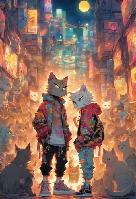 2 cool and trendy cats talking to each other, white hair, yellow eyes, wearing trendy hip hop clothing, wearing a hoodie, graphic t-shirt and torn jeans, tons of tattoos and piercings, graffiti style background, highly detailed background, perfect masterpi...