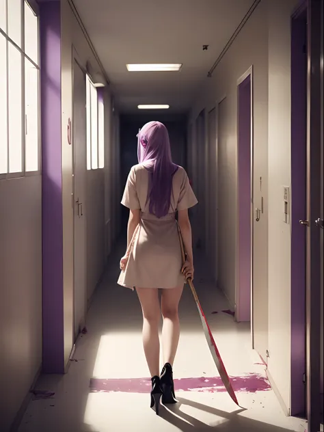 1girl, long light purple lilac hair, pov from behind, wearing very short sexy dirty beige bloody nurse uniform, wearing black high heels, dingy dirty hospital hallway, off white hallway, beige colored doors, dark hallway, holding large knife, dragging an a...