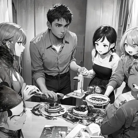 a 25 year old boy cutting his birthday cake as he is surrounded by girls and boys of his age.