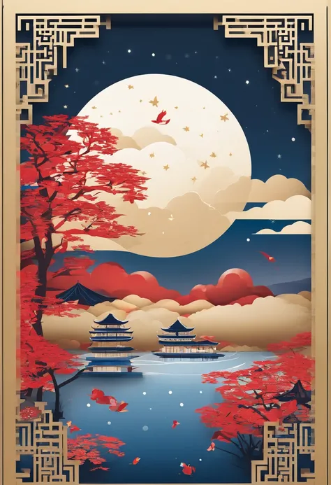 national day,Mid-Autumn Festival,Chinese architecture, A bright moon，Fireworks light up the night sky，A sight of tranquility and harmony,Admire the beauty of the moon, blue colors，red colour，sprightly