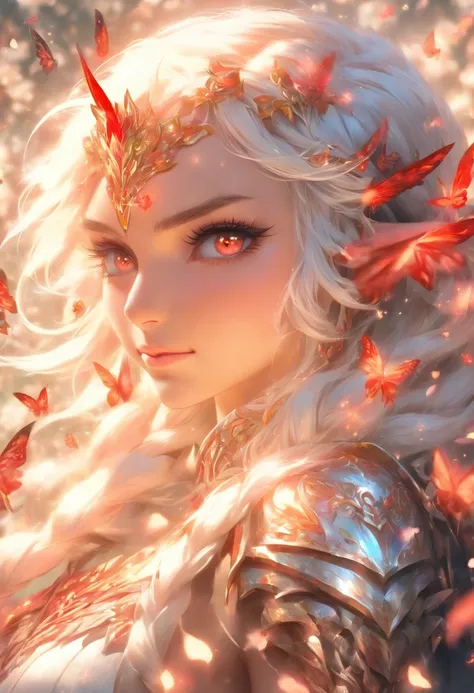 The most beautiful and sexy elf warrior princess, white hair, red eyes, wearing incredibly detailed battle armor, tons of tattoos and piercings, in the most beautiful enchanted kingdom,  flower pedals and butterflies blowing in the wind, highly detailed ba...