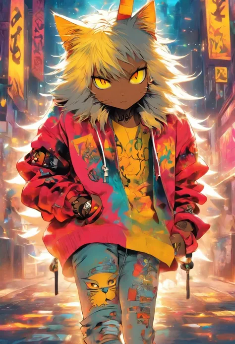 A cool and trendy cat, white hair, yellow eyes, wearing trendy hip hop clothing, wearing a hoodie, graphic t-shirt and torn jeans, tons of tattoos and piercings, graffiti style background, highly detailed background, perfect masterpiece, high quality, high...