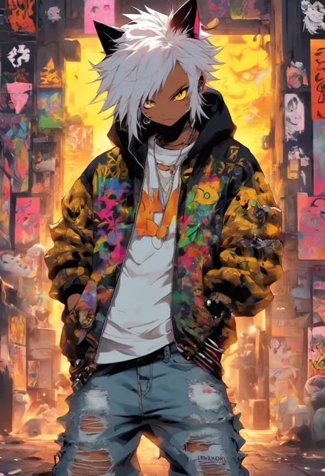 A cool and trendy cat, white hair, yellow eyes, wearing trendy hip hop clothing, wearing a hoodie, graphic t-shirt and torn jeans, tons of tattoos and piercings, graffiti style background, highly detailed background, perfect masterpiece, high quality, high...