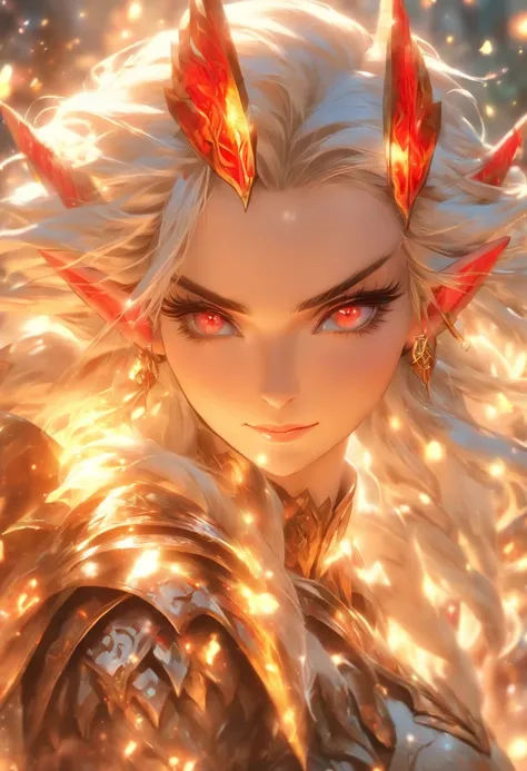 The most beautiful and sexy elf warrior princess, white hair, red eyes, wearing incredibly detailed battle armor, tons of tattoos and piercings, in the most beautiful enchanted kingdom,  flower pedals and butterflies blowing in the wind, highly detailed ba...