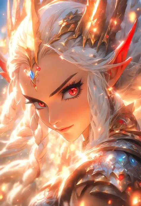 The most beautiful and sexy elf warrior princess, white hair, red eyes, wearing incredibly detailed battle armor, tons of tattoos and piercings, in the most beautiful enchanted kingdom,  flower pedals and butterflies blowing in the wind, highly detailed ba...