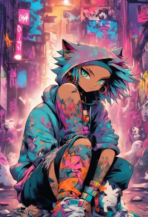 A cool and trendy cat, platinum hair, purple eyes, wearing trendy hip hop clothing, wearing a hoodie, graphic t-shirt and torn jeans, tons of tattoos and piercings, graffiti style background, highly detailed background, perfect masterpiece, high quality, h...