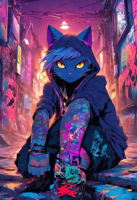 A cool and trendy cat, platinum hair, purple eyes, wearing trendy hip hop clothing, wearing a hoodie, graphic t-shirt and torn jeans, tons of tattoos and piercings, graffiti style background, highly detailed background, perfect masterpiece, high quality, h...