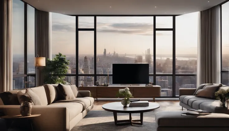 A modern living room with large windows and a view:

Design a contemporary living room with large windows, stylish furniture, and a view of the city skyline or nature. 8k wallpaper