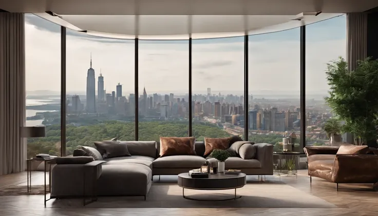 A modern living room with large windows and a view:

Design a contemporary living room with large windows, stylish furniture, and a view of the city skyline or nature. 8k wallpaper