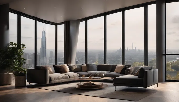 A modern living room with large windows and a view:

Design a contemporary living room with large windows, stylish furniture, and a view of the city skyline or nature. 8k wallpaper