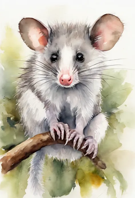 Australian opossum，Cute possum，Long tail，Gouache art，ink wash style，full bodyesbian，(((white backgrounid))),Plain white background，Just a possum，
Greg Rutkoski，aquarelle，Complicated details，The is very detailed，white backgrounid