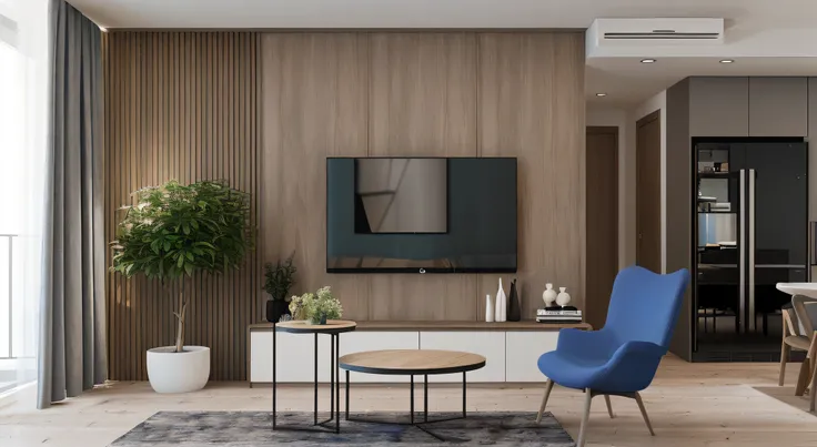 there is a living room with a tv and a blue chair, apartment design, modern and minimalist, simple clean lines, modern minimal design, realistic 3 d style, in style of 3d render, wood panel walls, low details and clean lines, realistic 8k render, minimal m...