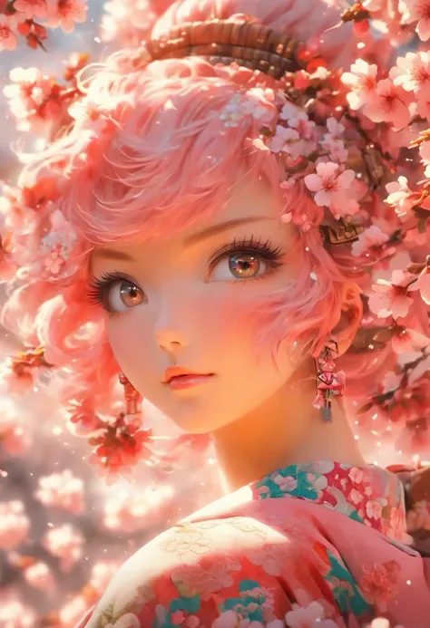 The most beautiful and sexy cherry blossom goddess, pink hair, red eyes, wearing the most beautiful and highly detailed kimono, tons of tattoos and piercings, cherry blossoms and butterflies blowing in the wind, highly detailed background, perfect masterpi...