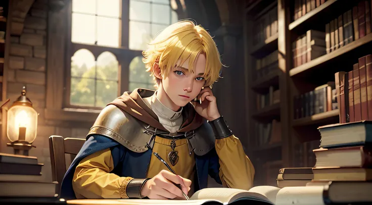 A yellow-haired, blue-eyed teenager in the Middle Ages reads in his study