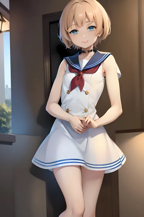 (Masterpiece:1.2), Best quality, A high resolution, Original, (Extremely detailed:1.2), Ultra-detailed, the wallpaper, Perfect lighting,(Extremely detailed CG:1.2), 8K, 1 trap, femboy, Cross-dressing, Solo, Sailor dress, blond hairbl, Blue eyes, En plein a...