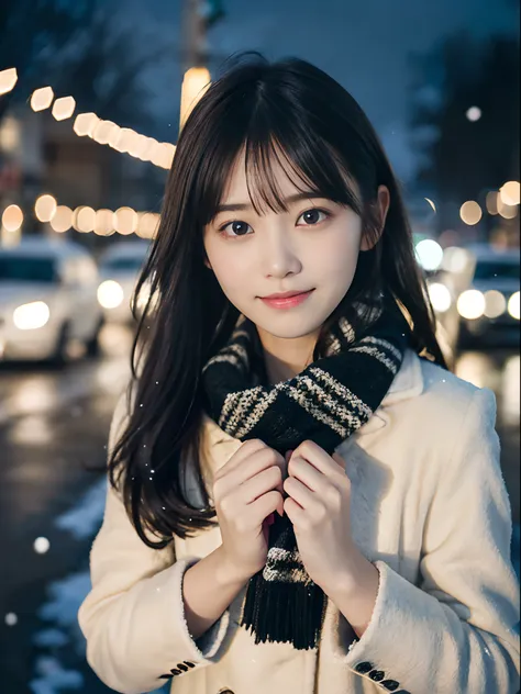 (close-up face shot of one slender girl has long hair with dull bangs in winter uniform with scarf, coat and groves:1.5)、(one gi...