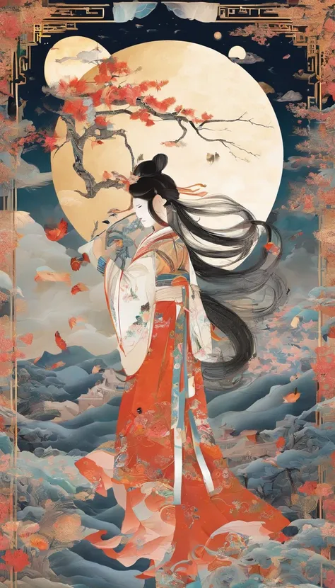 full moon，traditional Chinese festivals，Fairy，Fairy clothes，Streamers flutter，Hanfu，Flying，mid-air，Mid-Autumn Festival，artistic conception，Dunhuang murals，Ultra-high sharpness，超高分辨率，8K