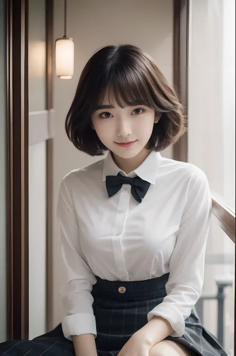 (8K, RAW photo, Best Quality, Masterpiece: 1.2), (Realistic, Photorealistic: 1.37), Ultra HD, 1 girl, Cute, Solo, Beautiful sky, Detailed cafe, Night, Sitting, date, (nose lip), (smile: 1.1), (closed), medium breasts, beautiful eyes, (collared shirt: 1.1),...