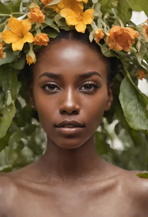 black girl in an illustration with dripping flowers on her face,upper body, in the style of collage-based, made of insects, william wegman, colorism, white background, pencil art illustrations, national geographic photo