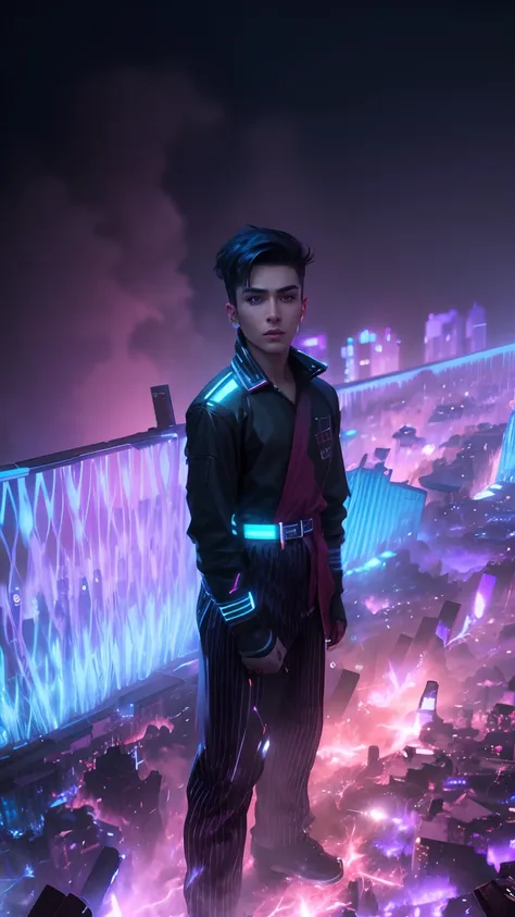 Change background cyber punk handsome boy real face, 8K , ultra realistic