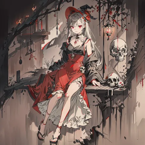 Anime girl sitting on windowsill with skull in red dress, grayscale phtoto with red dress, gothic maiden anime girl, beautiful necromancer girl, trending on artstation pixiv, alchemist girl, loli in dress, Guweiz in Pixiv ArtStation, mechanized witch girl,...