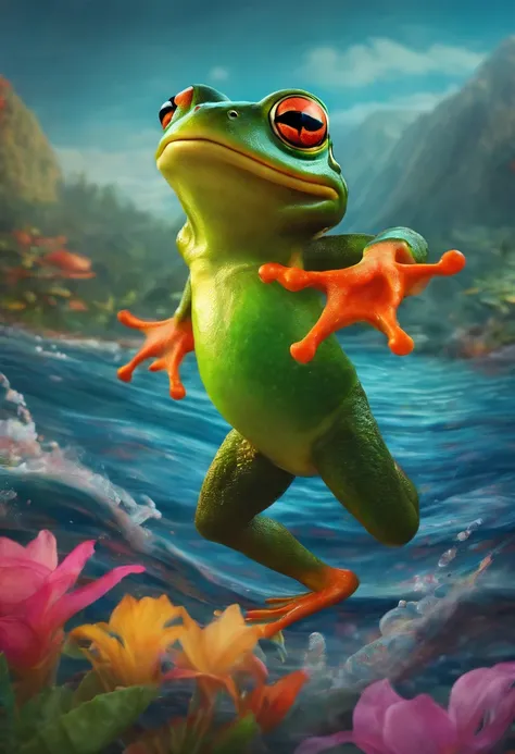 Frog dancing in a colorful sea holding a sleeve, with drawing and cartoon strokes