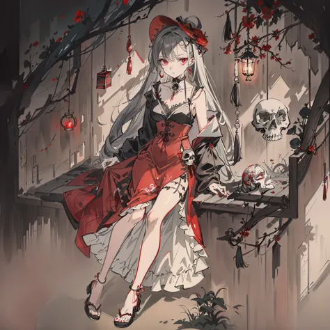 Anime girl sitting on windowsill with skull in red dress, grayscale phtoto with red dress, gothic maiden anime girl, beautiful necromancer girl, trending on artstation pixiv, alchemist girl, loli in dress, Guweiz in Pixiv ArtStation, mechanized witch girl,...