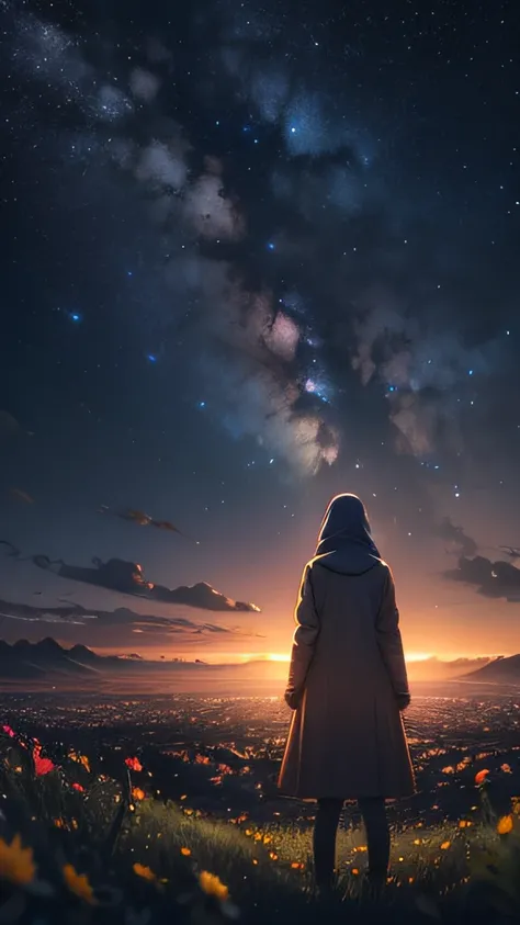 View from below with a view of the sky and street below, muslim girl standing in a field of higland flowers looking up, beautiful field of flower, Sparkling lighting, Atmospheric Illumination, detailed, million of stars, A shooting star visible from the po...