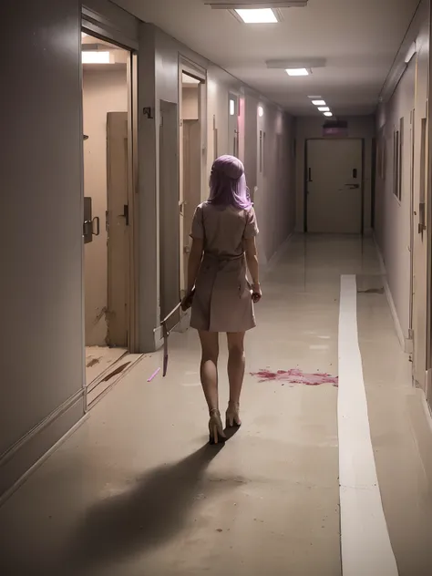 1girl, long light purple lilac hair, pov from behind, wearing very short sexy dirty beige bloody nurse uniform, wearing beige high heels, dingy dirty hospital hallway, off white hallway, beige colored doors, dark shadowed hallway, holding large knife, drag...