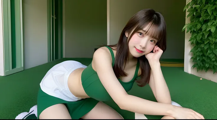 18-year-old cheergirl in a green miniskirt(D Cup Breast)