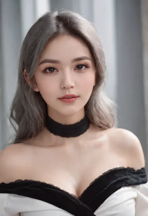 best quality, ultra high res, (photorealistic:1.4), 1girl, off-shoulder white shirt, black tight skirt, black choker, (faded ash gray hair:1), (huge breasts:1.2), looking at viewer, closeup ,