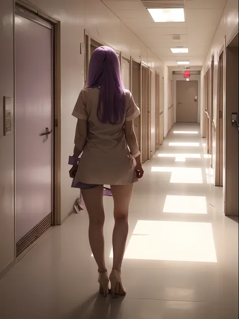 1girl, long light purple lilac hair, pov from behind, wearing very short sexy dirty beige bloody nurse uniform, wearing beige hi...