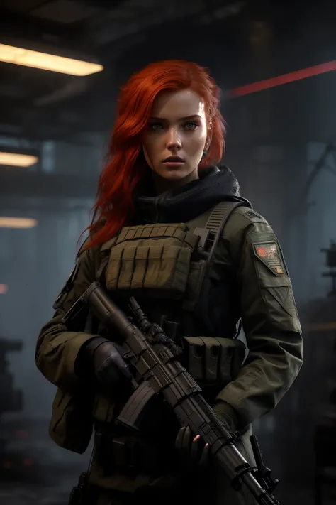 arafed woman with a rifle in a dark room, redhead female cyberpunk, infantry girl, wojtek fus, female lead character, soldier girl, eve ventrue, stunning character art, epic sci - fi character art, epic sci-fi character art, solo female character, beautifu...