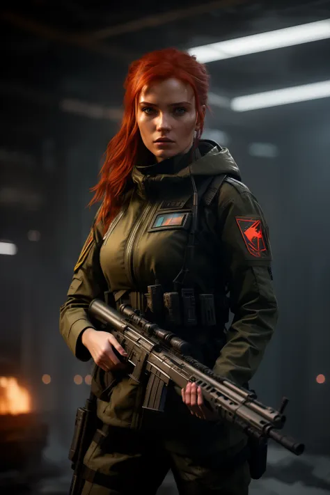 arafed woman with a rifle in a dark room, redhead female cyberpunk, infantry girl, wojtek fus, female lead character, soldier girl, eve ventrue, stunning character art, epic sci - fi character art, epic sci-fi character art, solo female character, beautifu...