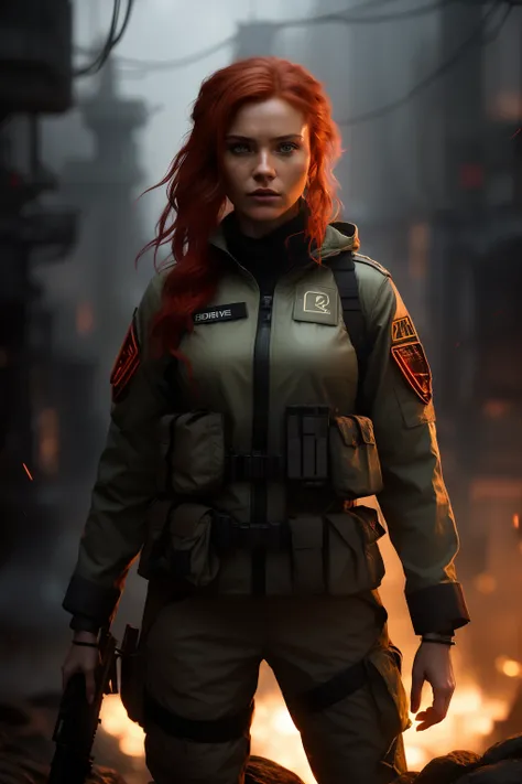 cozy, arafed woman with a rifle in a dark room, redhead female cyberpunk, infantry girl, wojtek fus, female lead character, soldier girl, eve ventrue, stunning character art, epic sci - fi character art, epic sci-fi character art, solo female character, be...